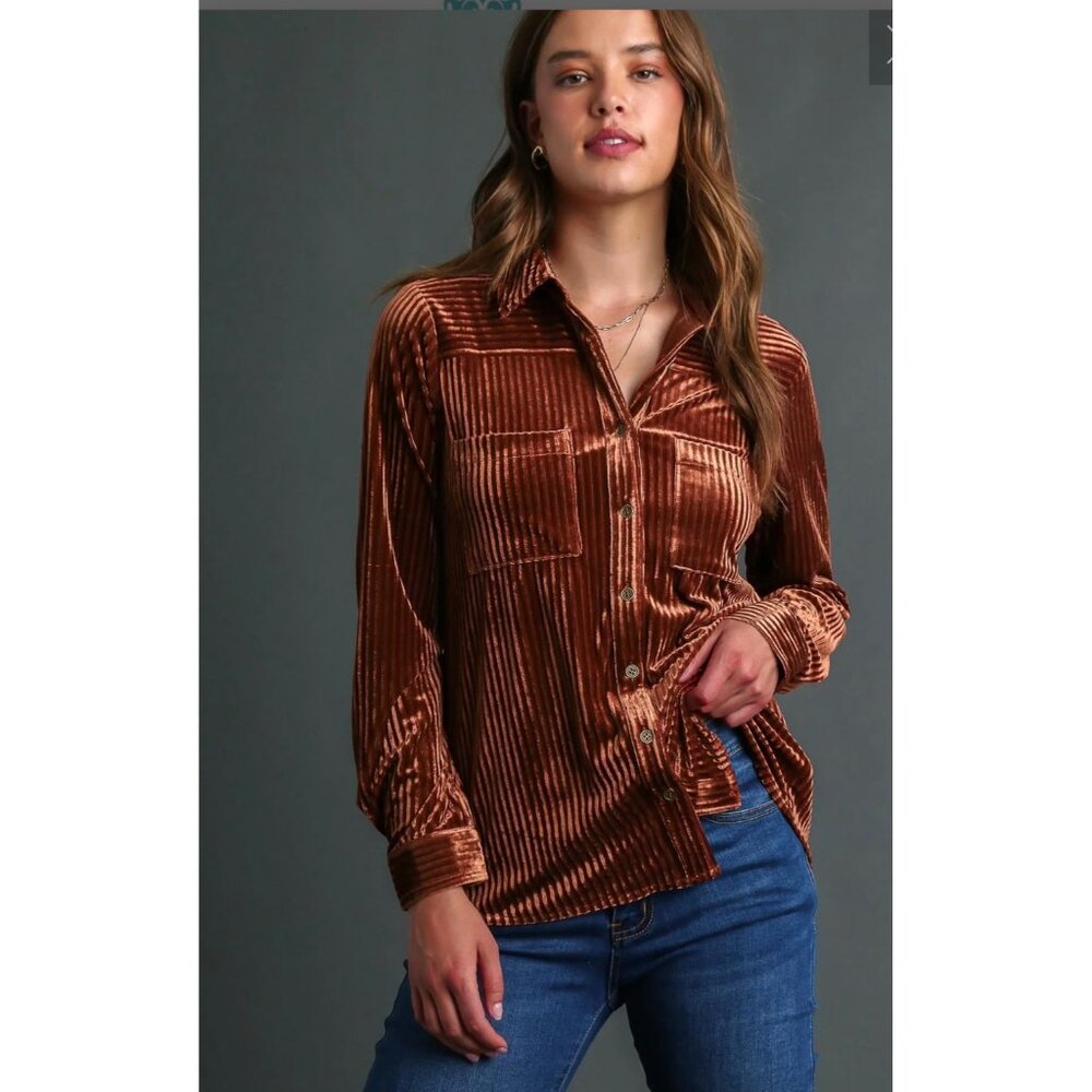 Umgee Jasper Ribbed Velvet Collared Top Fall Autumn Copper sz medium